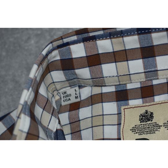 Barbour Performance Dress Shirt Mens Size Medium Stretch Blue Brown Plaid - Picture 7 of 8